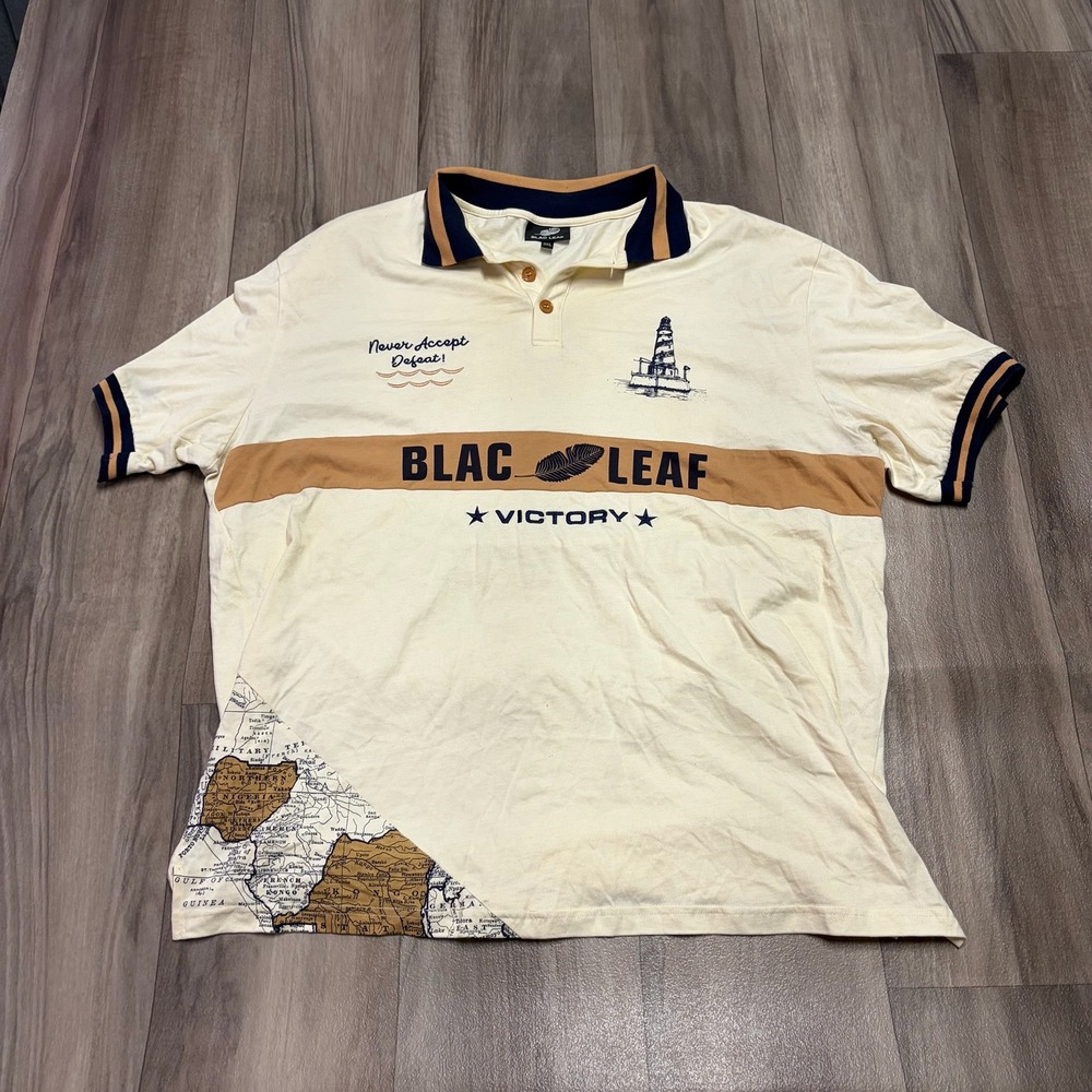 Blac Leaf Victory  Men 3XL Polo Shirt Cream Lighthouse Map Print Graphic Top